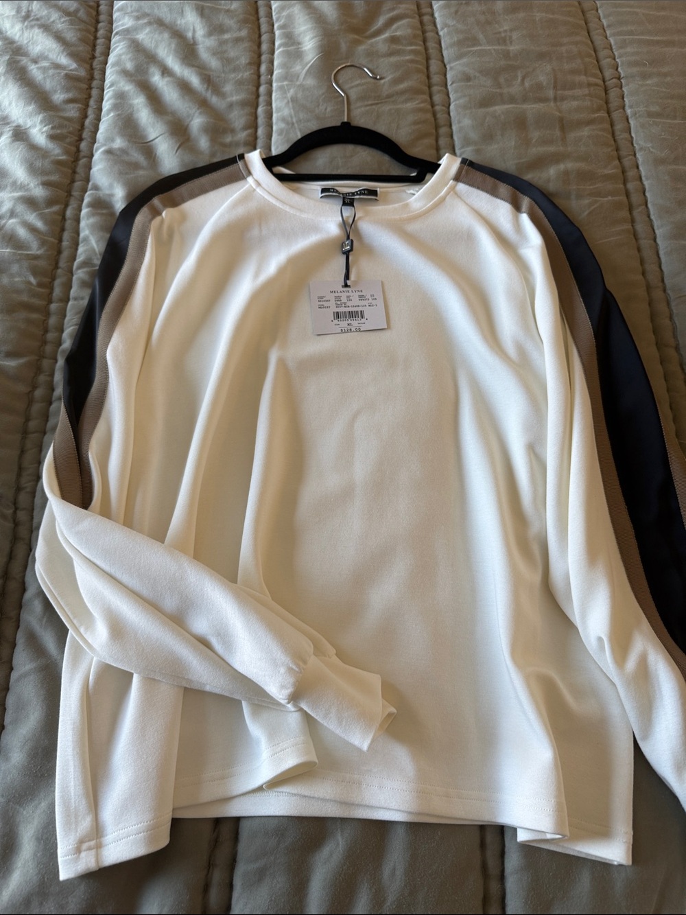 Women’s Crew Neck Sweater with Contrast Shoulder Stripes - White